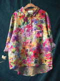 Women’s Colorful Watercolor Floral Print Casual Cotton And Linen Shirt Multicolor / S