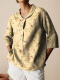 Women’s Vintage Floral Art Print Casual Linen Cotton 3/4 Sleeve Shirt