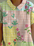 Lovely Floral And Tartan Pattern Printed Women’s Casual Cotton Linen Shirt