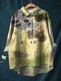 Vintage Lovely Cats Art Print Casual Cotton And Linen Shirt Multicolor / S