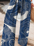 Women’s Vintage Ethnic Fish Art Printed Cotton And Linen Casual Pants