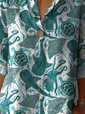 Vibrant Sea Creatures Pattern Printed Women’s Casual Cotton Linen Shirt