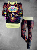 Women's  Rainbow Skull Punk Rock Pattern Top Wide Leg Pants Two-Piece Set