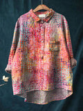 Abstract Geometric Pattern Printed Women’s Casual Cotton And Linen Shirt Multicolor / S