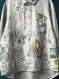 Vintage Lovely Woodland Animals Art Print Casual Cotton And Linen Shirt