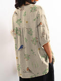 Boughs And Robin Birds Pattern Printed Women’s Casual Cotton Linen Shirt