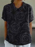 Midnight Black Rose Pattern Printed Women’s Casual Cotton And Linen Shirt / S