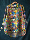 Women’s Vintage Cute Cartoon Flowers Art Print Casual Cotton And Linen Shirt Multicolor / S