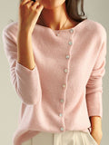 Women’s Retro Style Round Neck Single-Row Button Cashmere Knit Thin Cardigan Pink / S