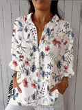 Women’s Red And Blue Flower Floral Print Casual Linen V-Neck Shirt Multicolor / S