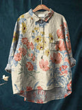 Women’s Vintage Floral Art Print Casual Cotton And Linen Shirt Multicolor / S