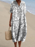 Women’s Simple Face Print Pocket Linen Dress（Convertible Dress With Front And Back Option）