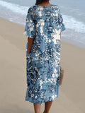 Women’s Blue Elegant Illustration Floral Print Pocket Linen Dress