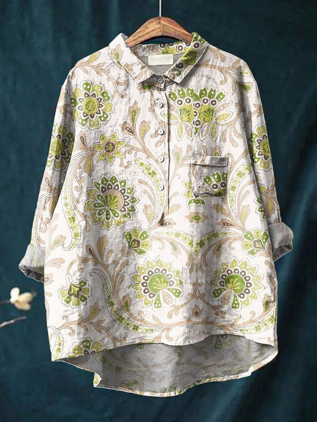 Women’s Floral Art Print Casual Cotton And Linen Shirt Multicolor / S