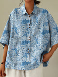 Blue Lace Floral Pattern Printed Women’s Casual Cotton Linen Shirt / S