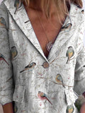 Lovely Spring Birds On Bough Repeat Pattern Printed Women’s Linen And Cotton Pocket Coat