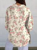 Women’s Pink Floral Print Casual Linen V-Neck Shirt