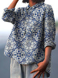 Women’s Watercolor Blue And White Porcelain Print Casual Cotton And Linen Shirt