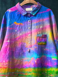 Rainbow Color Landscape Art Printed Women’s Casual Cotton And Linen Shirt