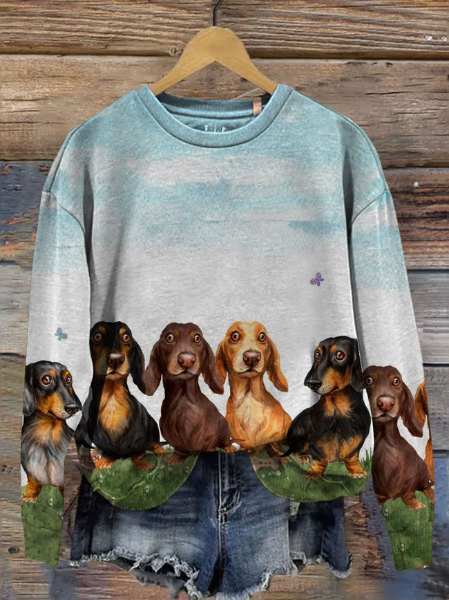 Dachshund Lawn Party Print Casual  Sweatshirt