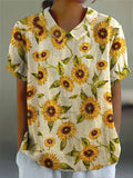 Women’s Chrysanthemum Pattern Print Casual Cotton And Linen Shirt Multicolor / S