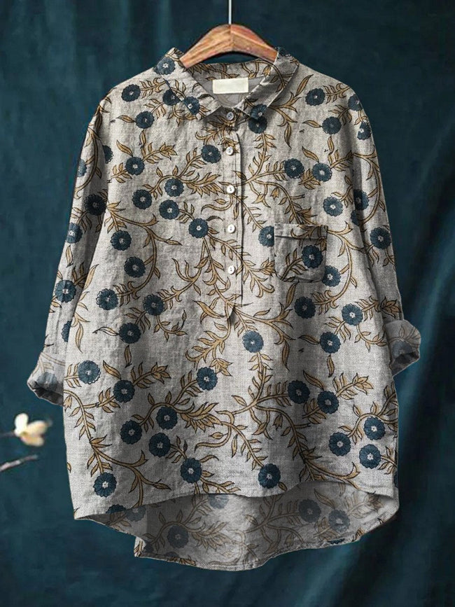 Women’s Floral Art Print Casual Cotton And Linen Shirt Multicolor / S