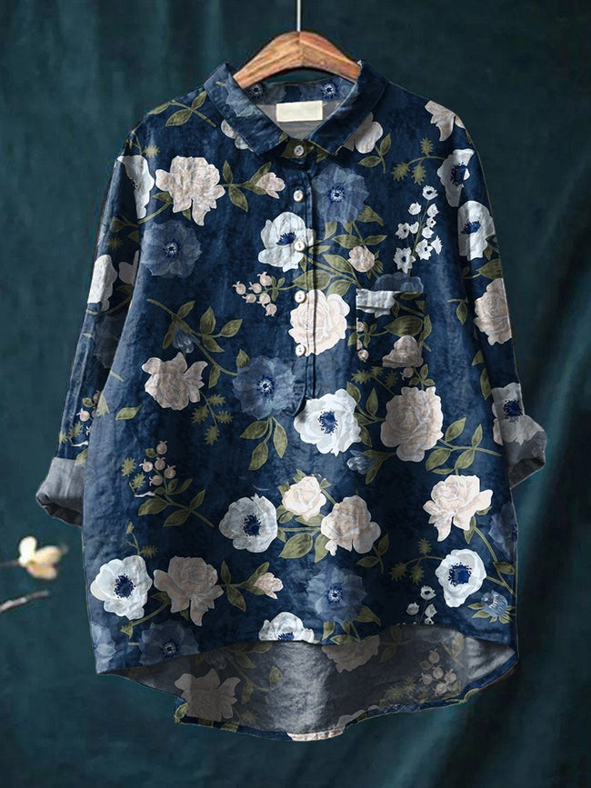 Women’s Floral Art Print Casual Cotton And Linen Shirt Multicolor / S