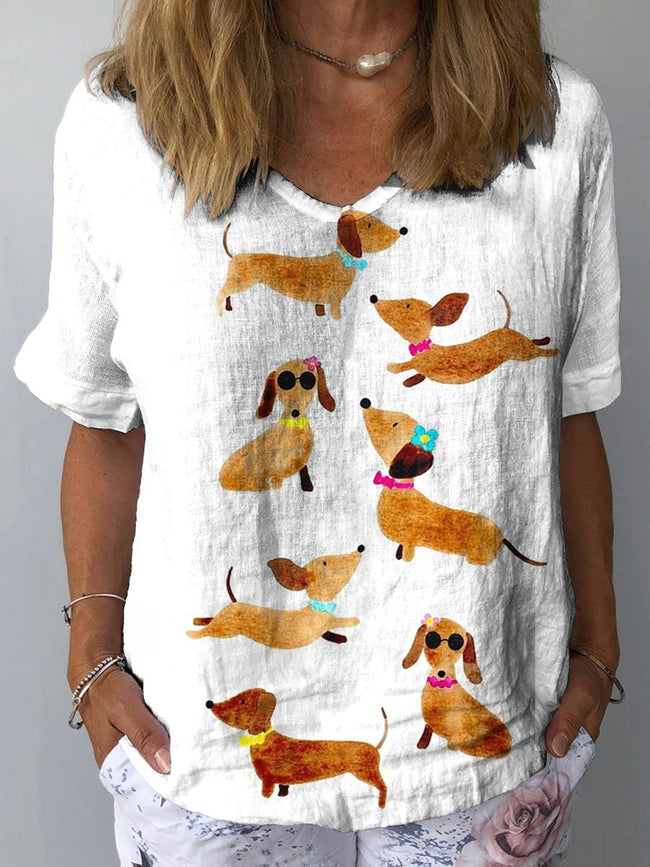 Women’s Dachshund Art Print Casual Cotton And Linen Shirt Multicolor / S