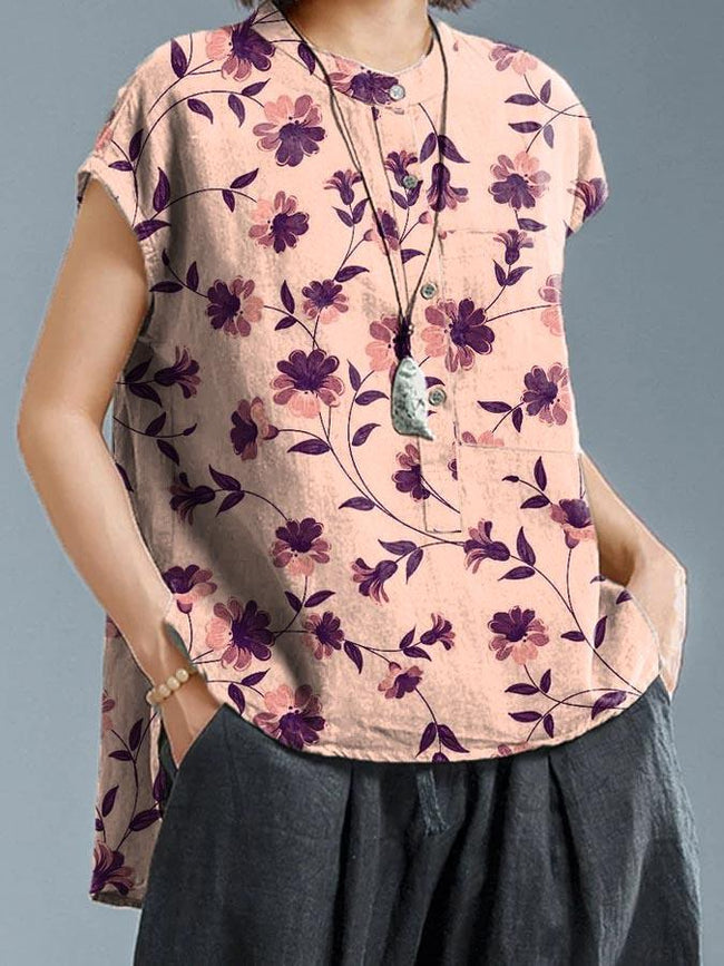 Women’s Red Floral Print On Pink Background Casual Cotton And Linen Shirt Multicolor / S