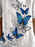 Women’s Vintage Lovely Butterflies Art Print Casual Cotton And Linen Shirt