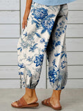 Women’s Retro Elegant Floral Art Printed Cotton And Linen Casual Pants