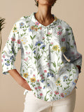 Women’s Vintage Floral Art Print Casual Linen Cotton 3/4 Sleeve Shirt Multicolor / S