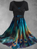 Women's Summer Peacock Feather Gradient Art Two Piece Dress