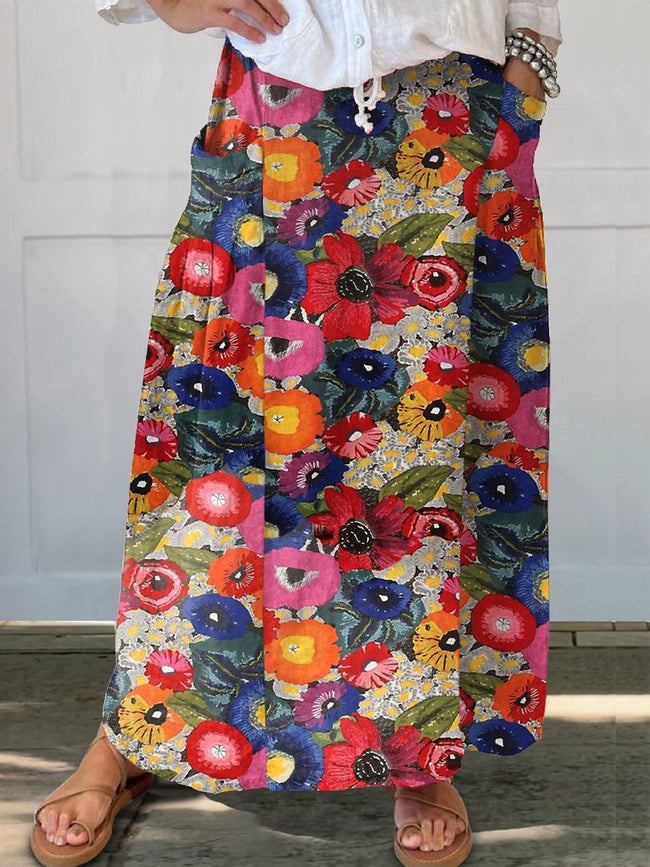 Women’s Retro Flower Art Print Linen Pocket Skirt Multicolor / S