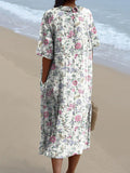 Retro Style Mixed Floral Pattern Printed Women’s Pocket Linen Dress (Convertible With Front And