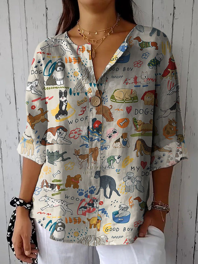 Women’s Cute Dog Print Casual Cotton Linen Shirt Multicolor / S