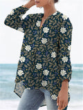 Midnight White Floral Pattern Printed Women’s Casual Linen V-Neck Shirt Multicolor / S