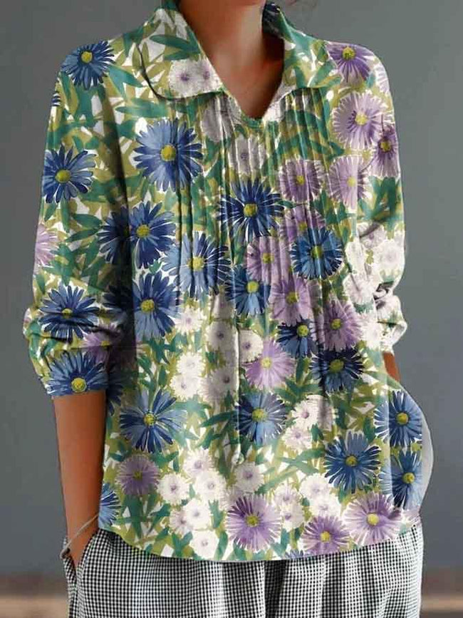 Women's Blue and Purple Chrysanthemum Floral Print Casual Cotton And Linen Shirt