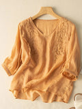 Embroidery Cotton And Linen Mid Sleeve Blouse Orange / M