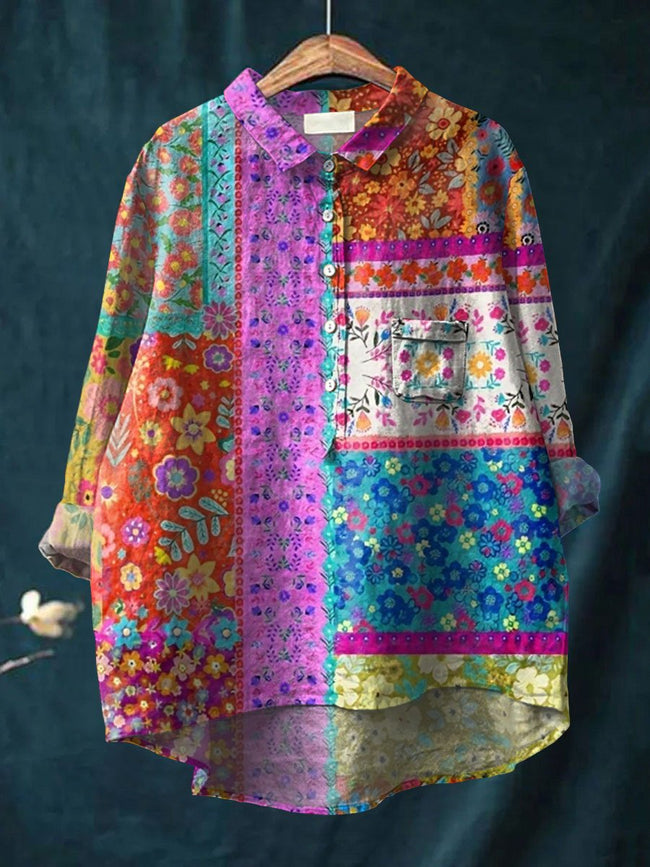 Women’s Flower Print Casual Cotton And Linen Shirt Multicolor / S