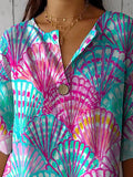 Colorful Sea Shell Pattern Printed Women’s Casual Cotton Linen Shirt