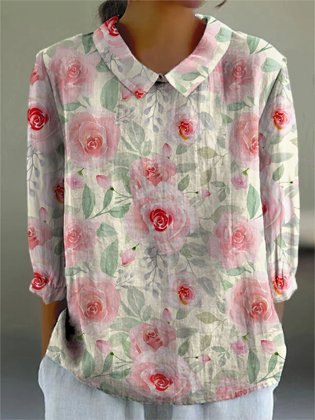 Women’s Retro Floral Art Print Casual Cotton And Linen 3/4 Sleeve Shirt Multicolor / S