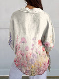 Women’s Pink Floral Print On Hem Casual Linen V-Neck Shirt