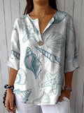 Summer Line Drawing Sea Shell Pattern Printed Women’s Casual Cotton Linen Shirt Whiteblue / S