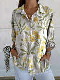 Fresh Yellow Flowers Print Women’s Casual Linen V-Neck Shirt Multicolor / S