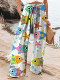 Lovely Cartoon Fish And Sea Star Pattern Printed Women’s Cotton Linen Casual Pants Multicolor / S