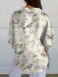 Women’s Pink Bird And Flower Print Casual Linen V-Neck Shirt