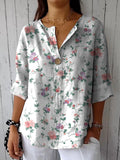 Spring Floral And Vine Pattern Printed Women’s Casual Cotton Linen Shirt Multicolor / S