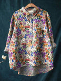 Vibrant Small Summer Floral Pattern Printed Women’s Casual Cotton And Linen Shirt Multicolor / S