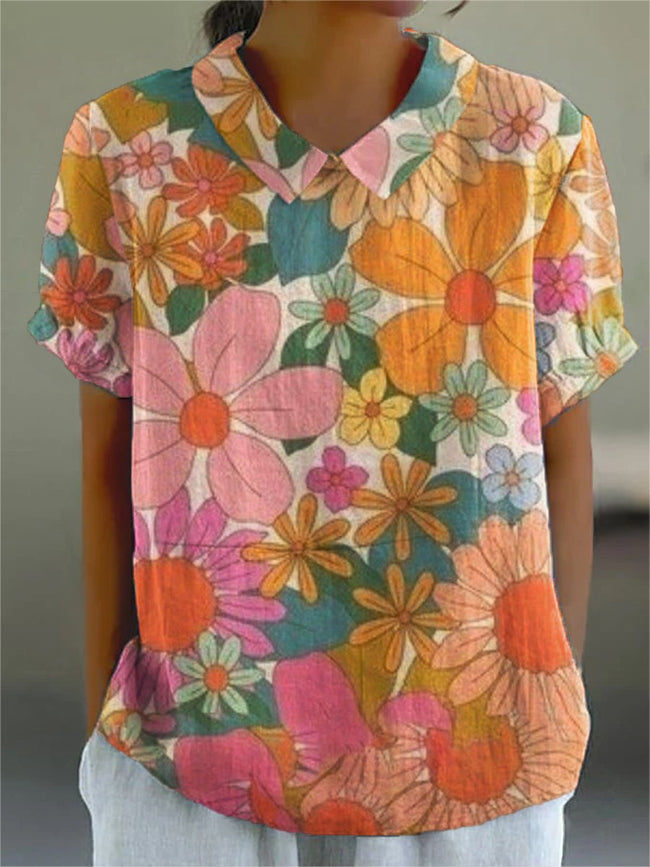 Women’s Flower Art Print Casual Cotton And Linen Shirt Multicolor / S